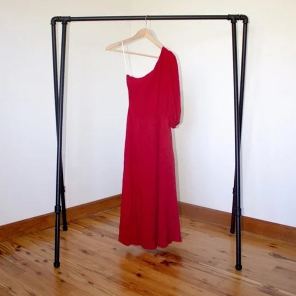 NWT Reformation Lawrence One Shoulder Crimson Red Puff Sleeve Midi Dress Size 8 - Picture 6 of 9
